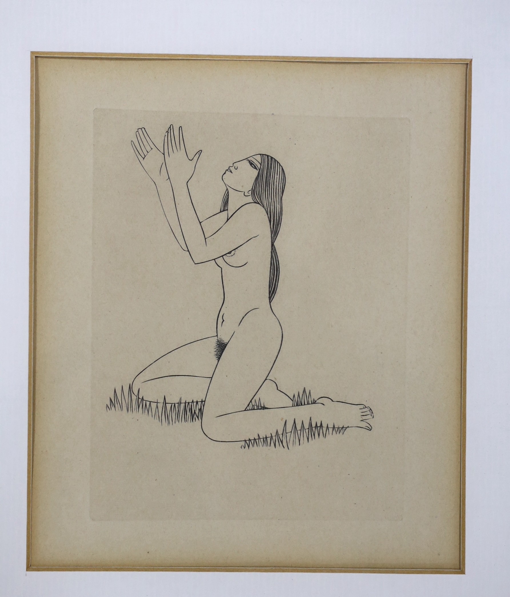 Eric Gill (1882-1940), wood engraving, 'Naked Girl on Grass', see reference - Engravings by Eric Gill, Douglas Cleaverdon, Bristol, 1929 - PL 67, 11 x 8.5cm